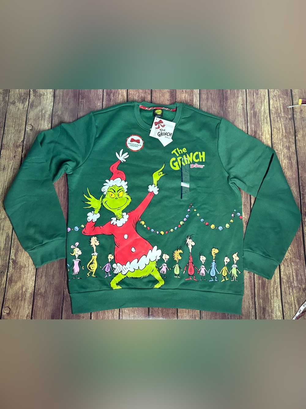 🆕 Dr. Seuss Unisex The Grinch Green Sweatshirt with Red & Yellow Graphic Size L